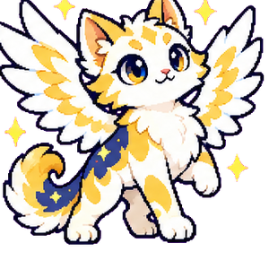 Celestiger, a white and gold winged Mythkit with a starry coat