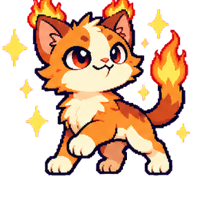 Emberwhisk, an orange Mythkit with tiny flames at its ears and tail