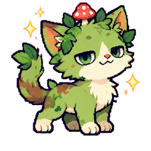 Mosscat, a sleepy green Mythkit with leaves and a tiny mushroom