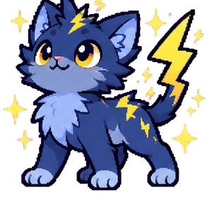 Thundermew, a storm-blue Mythkit with a lightning-bolt tail